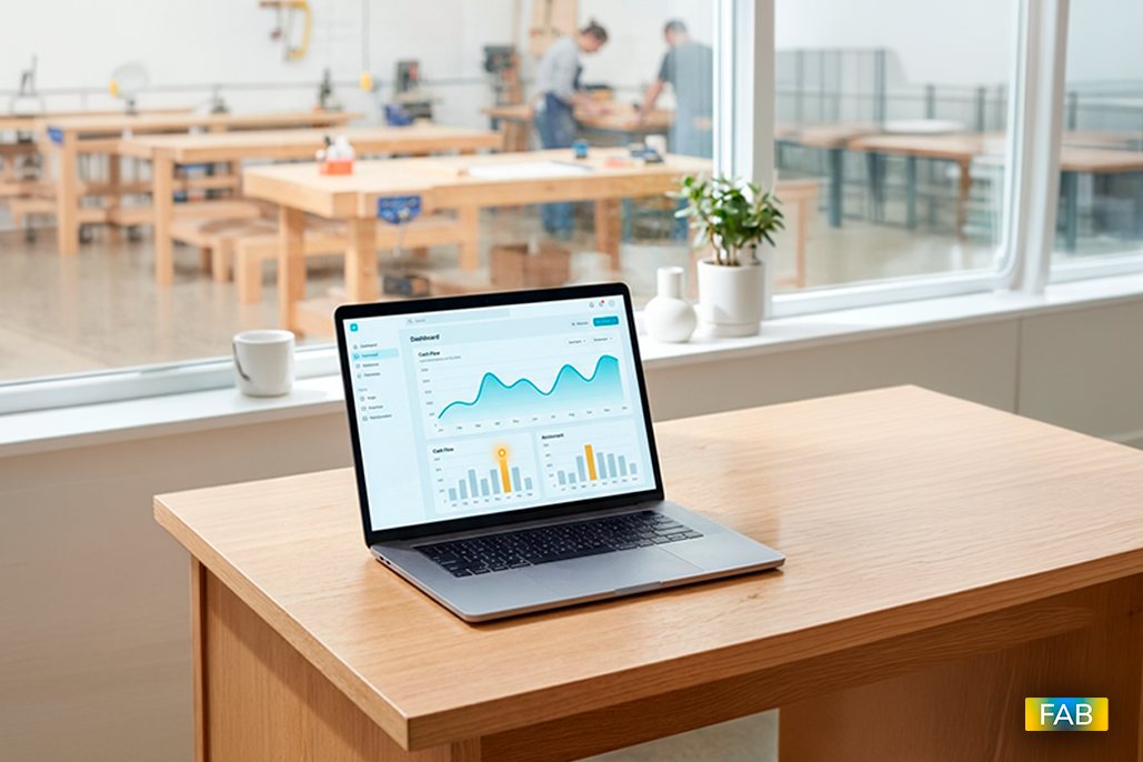 Notebook com painel de fluxo de caixa sobre uma bancada de madeira em uma marcenaria